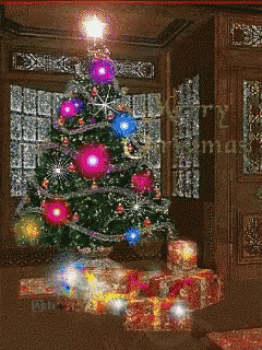 a christmas tree in a living room with the words merry christmas on the bottom