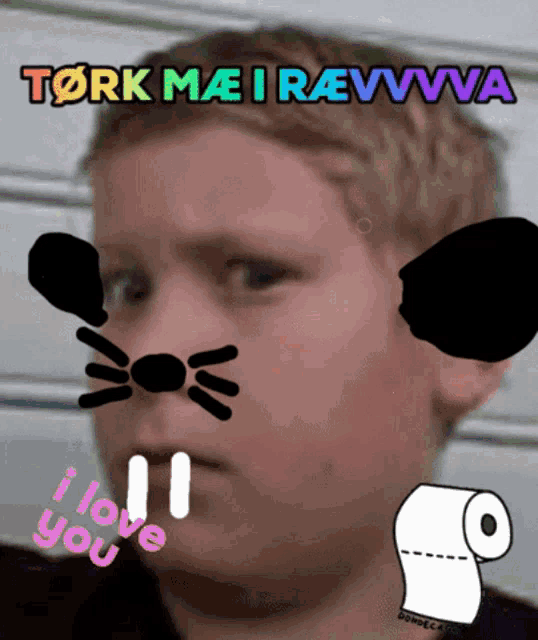 a picture of a boy with a cat face and the words i love you on the bottom