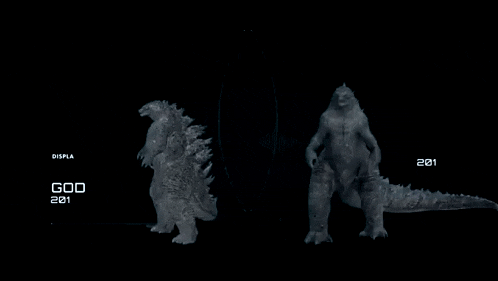 a display of godzilla 2014 and 2019
