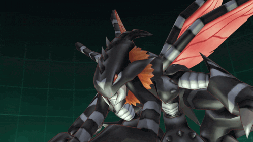 a black dragon with red wings and horns on a dark background