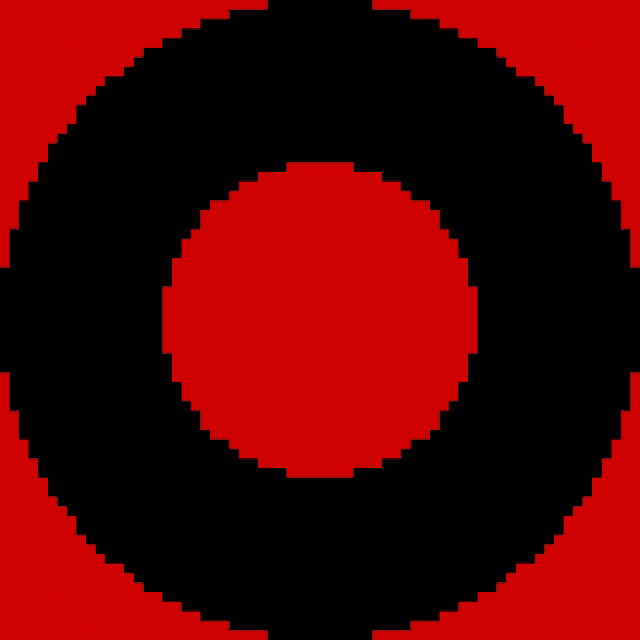 a black circle on a red background with a square around it
