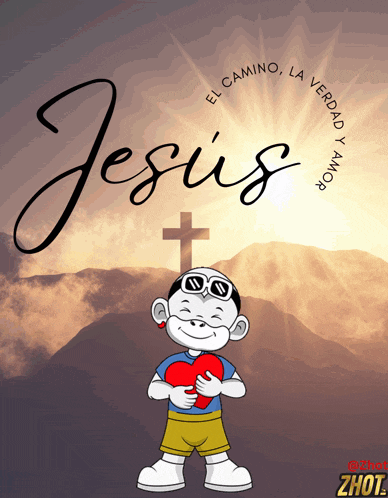 a cartoon boy holding a heart in front of a cross with the word jesus written on it