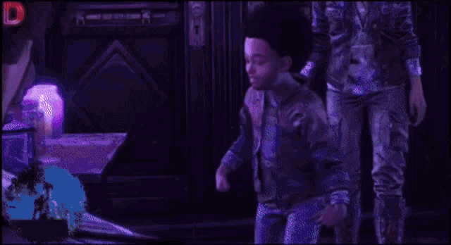 a group of people are dancing in a purple and pink room .