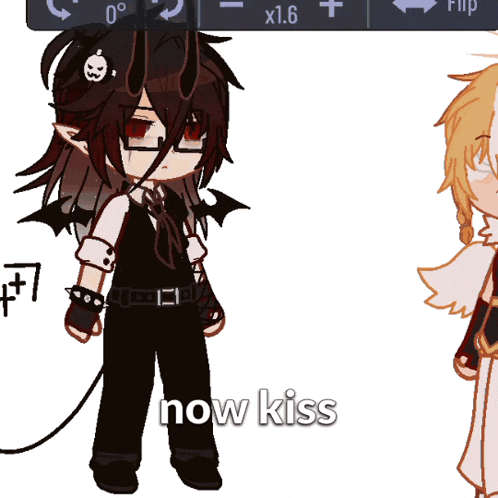 a drawing of a demon and an angel with the words now kiss above them