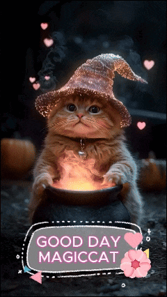 a cat in a witch hat sits in a cauldron with the words good day magiccat