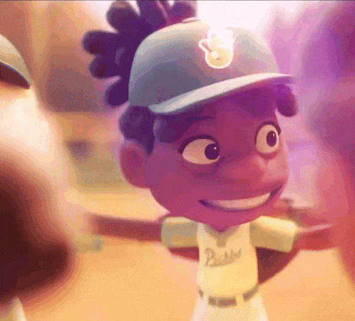 a cartoon character wearing a baseball cap with the letter b on it is smiling