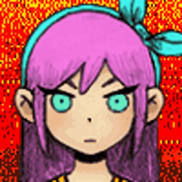 a girl with purple hair and blue eyes is wearing a blue bow in her hair .