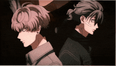 two anime characters are standing back to back and one has a tattoo on his arm