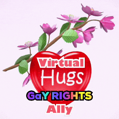 a red heart with purple flowers and the words virtual hugs gay rights ally