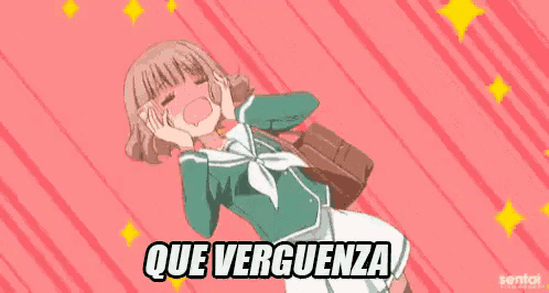 a girl in a school uniform is covering her ears with her hands and the words `` que verguenza '' are written above her .