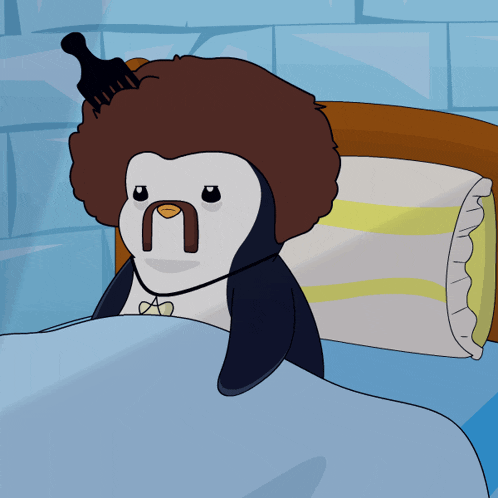 a penguin with an afro and a bottle on its head