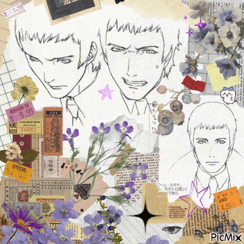 a collage of drawings of a man with purple flowers and a sticker that says special