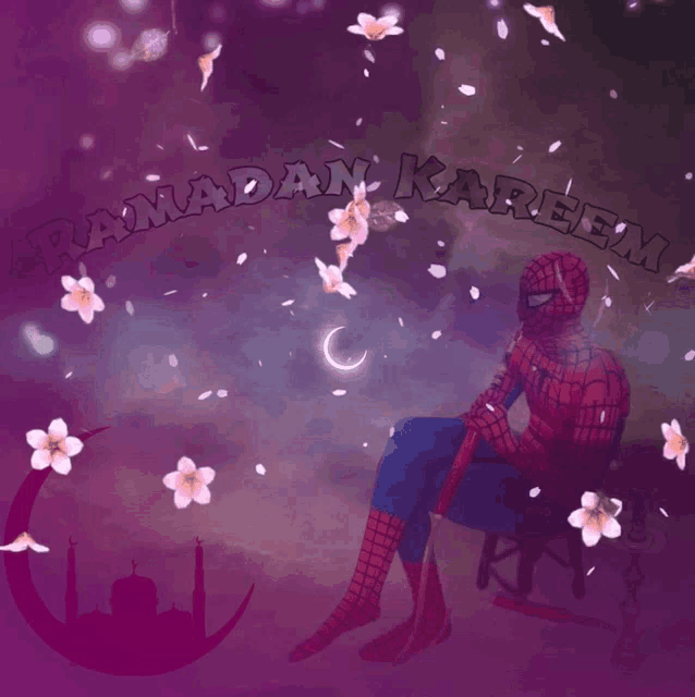 a spider-man sitting in a rocking chair with the words ramadan kareem written above him