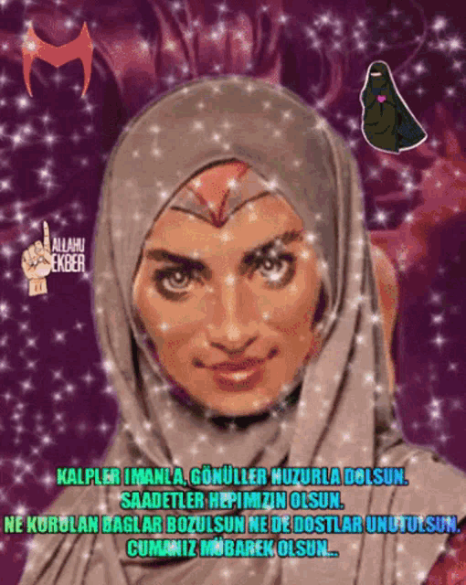 a woman wearing a hijab is surrounded by purple and white stars