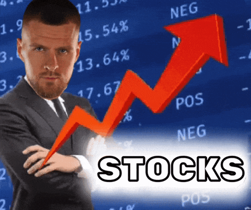 a man in a suit and tie stands in front of a stocks graph