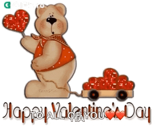 a valentine 's day card with a teddy bear holding a heart and a car pulling hearts