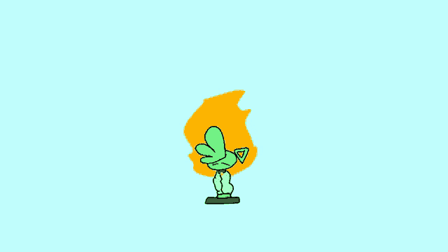 a cartoon of a green frog with a yellow flame behind it
