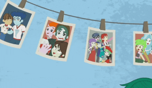 a cartoon character with green hair is hanging pictures on a clothesline