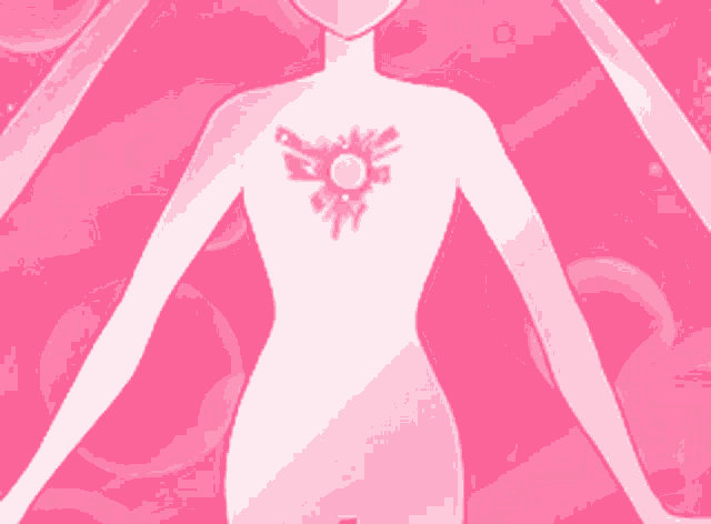 a pink and white drawing of a girl with a bow on her chest