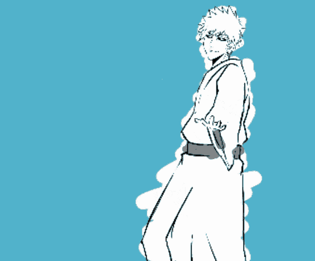 a black and white drawing of a man in a kimono on a blue background