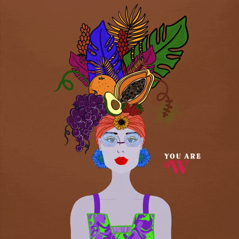 an illustration of a woman with fruits and flowers on her head and the words you are worthy