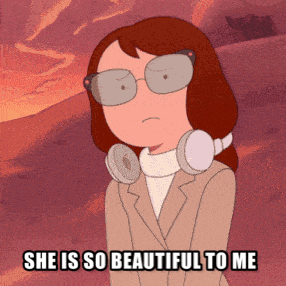 a cartoon of a woman with headphones around her neck says she is so beautiful to me