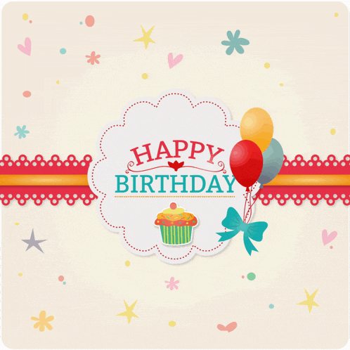 a happy birthday card with a cupcake and balloons on it