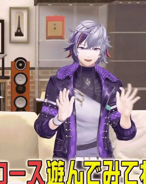 a person in a purple jacket stands in front of a sign that says " コース "