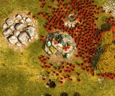 an aerial view of a video game showing a large group of soldiers
