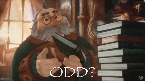a cartoon character is holding a book and the word odd is on the screen