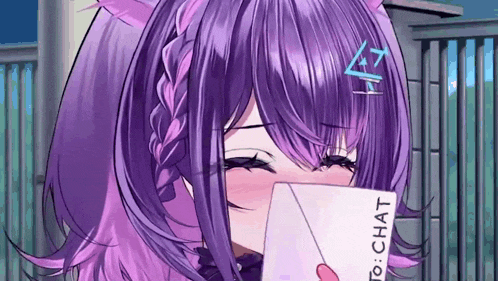 a purple haired anime girl is holding an envelope that says to chat
