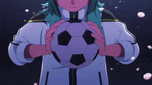 a girl with green hair is holding a soccer ball