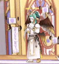a woman with wings is standing in front of a wall with towels hanging on it