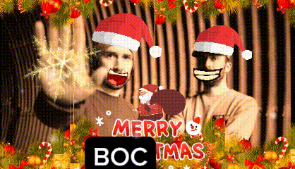 two men wearing santa hats and the words merry boc i mas on the bottom