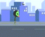 a pixel art drawing of a person walking down a street