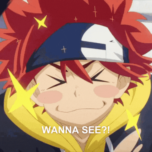 a red haired anime character with the words wanna see on the bottom right