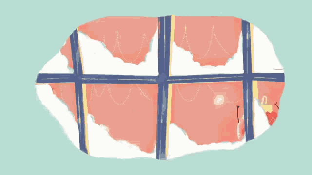 a cartoon drawing of a red christmas ornament looking out of a window