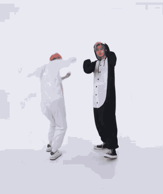 a person in a white outfit is standing next to a person in a black outfit on a white surface .