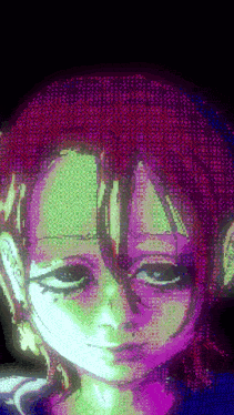 a pixel art of a girl 's face with a dark background