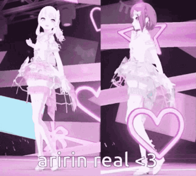 a couple of anime girls standing next to each other with the words arin real < 3 written on the bottom