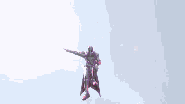 a pink and purple robot with wings is flying in the air