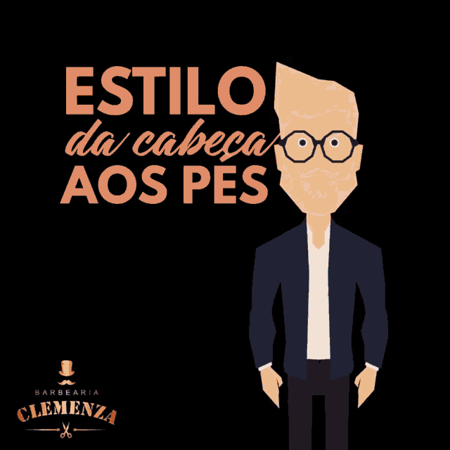 a man with glasses and a beard is standing in front of a sign that says estilo da cabeça aos pes