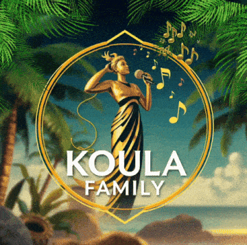a statue of a woman singing into a microphone with the words koula family below her