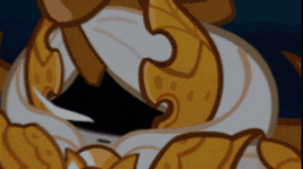 a close up of a cartoon character with a crown on his head .