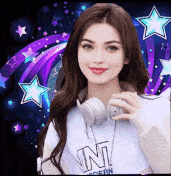 a woman wearing headphones and a t-shirt that says n on it