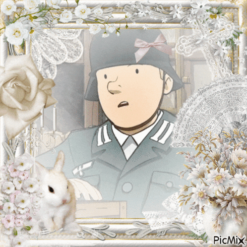 a picture of a man in a military uniform is surrounded by flowers and a rabbit
