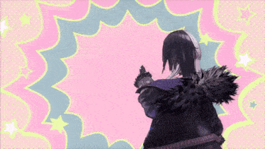 two anime characters standing next to each other on a pink and blue background