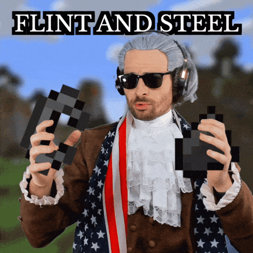 a man in a flint and steel costume holding a hammer