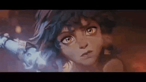 a close up of a cartoon character 's face with a sword .