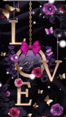 the word love is surrounded by flowers and butterflies on a black background